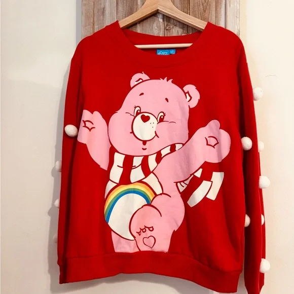 Women's Care Bears Pink Red Pom Pom Sweatshirt vintage XL - Picture 3 of 4